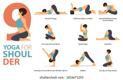 Infografía 9 Yoga posa para entrenamiento en casa en concepto de Hombro en diseño plano. Mujeres haciendo ejercicio para estirarse el cuerpo. Postura de yoga, asana para infografía de fitness. Ilustración de vectores de caricatura plana