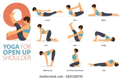 Infografía 9 Yoga posa para entrenamiento en el concepto de hombro abierto en diseño plano. Mujeres haciendo ejercicio para estirarse el cuerpo. Postura de yoga, asana para infografía de fitness. Ilustración de vectores de dibujos planos.