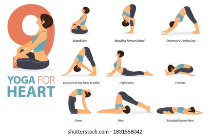 Infographic 9 Yoga poses for workout in concept of Yoga for heart in flat design. Women exercising for body stretching. Yoga posture or asana for fitness infographic. Flat Cartoon Vector Illustration