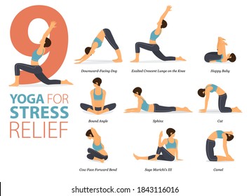 Infographic 9 Yoga poses for workout in concept of Stress Relief in flat design. Women exercising for body stretching. Yoga posture or asana for fitness infographic. Flat Cartoon Vector Illustration.