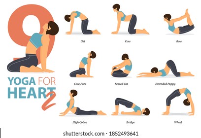 Infographic 9 Yoga poses for workout in concept of Yoga for Heart in flat design. Women exercising for body stretching. Yoga posture or asana for fitness infographic. Flat Cartoon Vector Illustration.