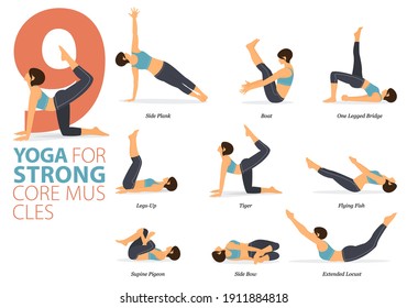 Infographic 9 Yoga poses for workout in concept of Strong Core Muscle in flat design. Women exercising for body stretching. Yoga posture, asana for fitness infographic. Cartoon Vector Illustration.