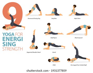 Infographic 9 Yoga poses for workout in concept of Energising Strength in flat design. Women exercising for body stretching. Yoga posture, asana for fitness infographic. Cartoon Vector Illustration