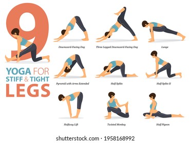 Infographic 9 Yoga poses for workout at home in concept of Stiff and Tight Legs in flat design. Women exercising for body stretching. Yoga posture or asana for fitness infographic. Flat Cartoon Vector