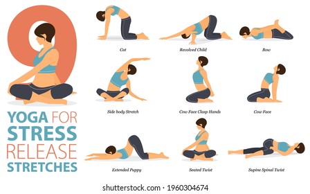Infographic 9 Yoga poses for workout at home in concept of Stress Release Stretches in flat design. Women exercising for body stretching. Yoga posture or asana for fitness infographic. Cartoon Vector