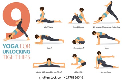 Infografía 9 Yoga posa para entrenamiento en casa en el concepto de Unlocked Tight Hips en diseño plano. Mujeres haciendo ejercicio para estirarse el cuerpo. Postura de yoga o asana para infografía de fitness. Vector de caricaturas plano