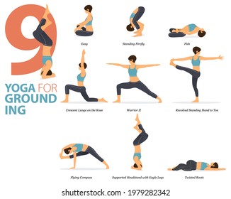 Infographic 9 Yoga poses for workout at home in concept of Yoga Grounding in flat design. Women exercising for body stretching. Yoga posture or asana for fitness infographic. Flat Cartoon Vector.