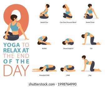 Infografía 9 Yoga representa el ejercicio en casa en concepto de relajación en diseño plano. Mujeres haciendo ejercicio para estirarse el cuerpo. Postura de yoga o asana para infografía de fitness. Vector de caricaturas plano.