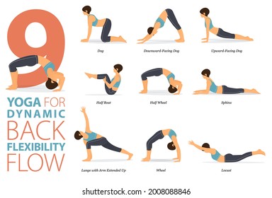 Infografía 9 Yoga supone entrenamiento en casa en concepto de flexibilidad de espalda en diseño plano. Mujeres haciendo ejercicio para estirarse el cuerpo con una silla de yoga. Postura de yoga o asana para infografía de fitness. Vector