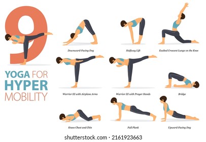 Infographic 9 Yoga poses for workout concept of hyper mobility in flat design. Women exercising for body stretching. Yoga posture or asana for fitness infographic. Flat Cartoon Vector Illustration.