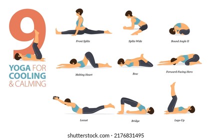 Infographic 9 Yoga poses for workout at home in concept of cooling and calming in flat design. Women exercising for body stretching. Yoga posture or asana for fitness infographic. Flat Cartoon Vector.