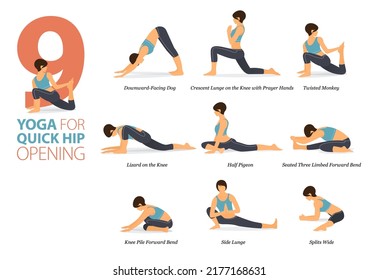 Infographic 9 Yoga poses for workout at home in concept of hip opening in flat design. Women exercising for body stretching. Yoga posture or asana for fitness infographic. Flat Cartoon Vector.