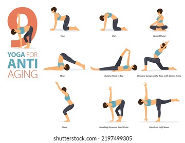 Infografía 9 Yoga posa para entrenamiento en casa en concepto de anti envejecimiento en diseño plano. Mujeres haciendo ejercicio para estirarse el cuerpo. Postura de yoga o asana para infografía de fitness. Ilustración del vector de dibujos animados