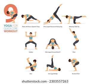 Infografía 9 Yoga posa para entrenamiento en casa en concepto de entrenamiento de núcleo rápido en diseño plano. Mujeres haciendo ejercicio para estirarse el cuerpo. Postura de yoga o asana para infografía de fitness. Vector de caricaturas plano.