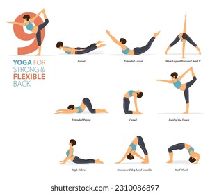 Infographic 9 Yoga poses for workout at home in concept of Strong, flexible back in flat design. Women exercising for body stretching. Yoga posture or asana for fitness infographic. Vector.