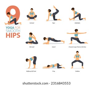 Infografía 9 Yoga posa para entrenamiento en casa en concepto de caderas lisas en diseño plano. Mujeres haciendo ejercicio para estirarse el cuerpo. Postura de yoga o asana para infografía de fitness. Ilustración del vector de dibujos animados