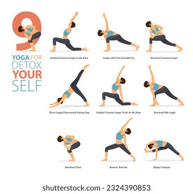 Infografía 9 Yoga representa el entrenamiento en casa en el concepto de detox en diseño plano. Mujeres haciendo ejercicio para estirarse el cuerpo. Postura de yoga o asana para infografía de fitness. Vector de caricaturas plano.