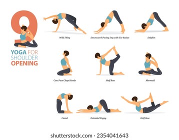 Infographic 9 Yoga poses for workout at home in concept of shoulder opening in flat design. Women exercising for body stretching. Yoga posture or asana for fitness infographic. Flat Cartoon Vector.