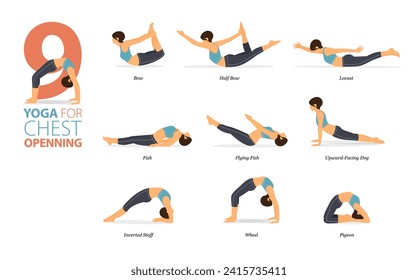 Infografía 9 Yoga posa para entrenamiento en casa en el concepto de Apertura Chest en diseño plano. Mujeres haciendo ejercicio para estirarse el cuerpo. Postura de yoga o asana para infografía de fitness. Vector de caricaturas plano.