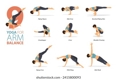 Infografía 9 Yoga posa para entrenamiento en casa en concepto de Equilibrio de Brazo en diseño plano. Mujeres haciendo ejercicio para estirarse el cuerpo. Postura de yoga o asana para infografía de fitness. Vector de caricaturas plano.