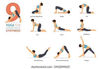 Infographic 9 Yoga poses for workout in concept of back stiffness in flat design. Women exercising for body stretching. Yoga posture or asana for fitness infographic. Flat Cartoon Vector Illustration