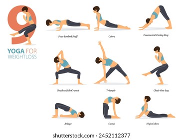 Infografía 9 Posturas de yoga para entrenar en concepto de pérdida de peso en diseño plano. Mujeres haciendo ejercicio para estirar el cuerpo. Postura de yoga o asana para infografía de fitness. Ilustración vectorial plana de dibujos animados.