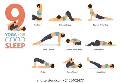 Infografía 9 poses de yoga para entrenar en concepto de buen sueño en diseño plano. Mujeres haciendo ejercicio para estirar el cuerpo. Postura de yoga o asana para infografía de fitness. Ilustración vectorial plana de dibujos animados.