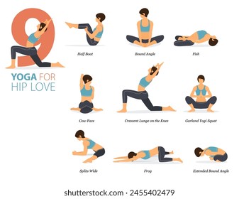 Infographic 9 Yoga poses for workout in concept of hip love in flat design. Women exercising for body stretching. Yoga posture or asana for fitness infographic. Flat Cartoon Vector Illustration.