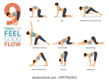 Infographic 9 Yoga poses for workout in concept of feel good flow in flat design. Women exercising for body stretching. Yoga posture or asana for fitness infographic. Flat Cartoon Vector Illustration