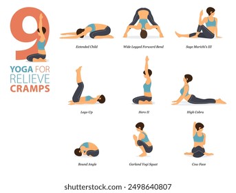 Infographic 9 Yoga poses for workout in concept of relieve cramps in flat design. Women exercising for body stretching. Yoga posture or asana for fitness infographic. Flat Cartoon Vector Illustration