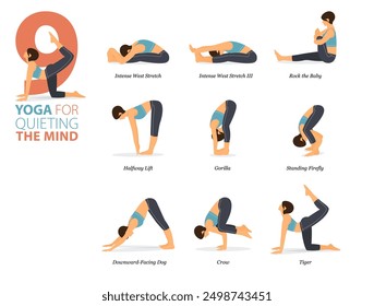 Infographic 9 Yoga poses for workout in concept of quieting the mind in flat design. Women exercising for body stretching. Yoga posture or asana for fitness infographic. Flat Vector Illustration