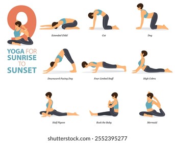 Infografía 9 Yoga posa para hacer ejercicio en casa en concepto de amanecer a atardecer en diseño plano. Mujeres haciendo ejercicio para estirar el cuerpo. Postura de yoga o asana para infografía de fitness. Vector de dibujos animados plana