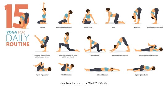 Infographic 9 Yoga poses for workout at home in concept of daily routine in flat design. Women exercising for body stretching. Yoga posture or asana for fitness infographic. Flat Cartoon Vector.