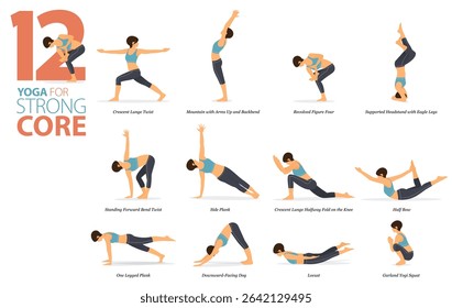 Infographic 9 Yoga poses for workout at home in concept of strong core in flat design. Women exercising for body stretching. Yoga posture or asana for fitness infographic. Flat Cartoon Vector.
