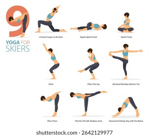 Infographic 9 Yoga poses for workout at home in concept of skiers in flat design. Women exercising for body stretching. Yoga posture or asana for fitness infographic. Flat Cartoon Vector Illustration.