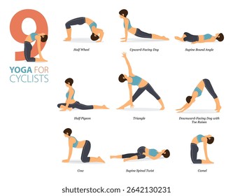 Infographic 9 Yoga poses for workout at home in concept of cyclist in flat design. Women exercising for body stretching. Yoga posture or asana for fitness infographic. Flat Cartoon Vector Illustration