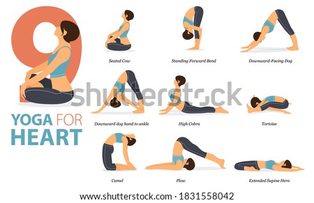 Infographic 9 Yoga poses for workout in concept of Yoga for heart in flat design. Women exercising for body stretching. Yoga posture or asana for fitness infographic. Flat Cartoon Vector Illustration
