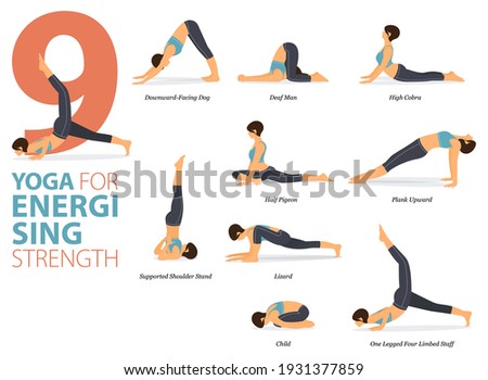 Infographic 9 Yoga poses for workout in concept of Energising Strength in flat design. Women exercising for body stretching. Yoga posture, asana for fitness infographic. Cartoon Vector Illustration