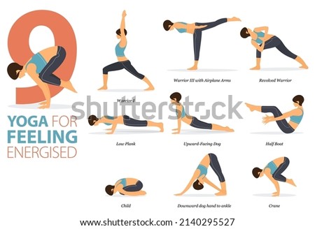 Infographic 9 Yoga poses for workout at home in concept of filling energised in flat design. Women exercising for body stretching. Yoga posture or asana for fitness infographic. Flat Cartoon Vector.