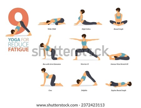 Infographic 9 Yoga poses for workout at home in concept of reduce fatigue in flat design. Women exercising for body stretching. Yoga posture or asana for fitness infographic. Flat Cartoon Vector.