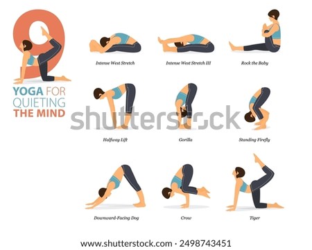 Infographic 9 Yoga poses for workout in concept of quieting the mind in flat design. Women exercising for body stretching. Yoga posture or asana for fitness infographic. Flat Vector Illustration
