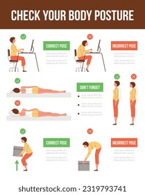 Infographic about checking body posture flat style, vector illustration. Decorative design with place for text, right and wrong poses of working and sleeping, healthcare and medicine