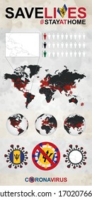 Infographic about Coronavirus in Barbados - Stay at Home, Save Lives. Barbados Flag and Map, World Map with COVID-19 cases. 