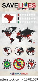 Infographic about Coronavirus in Brazil - Stay at Home, Save Lives. Brazil Flag and Map, World Map with COVID-19 cases. 