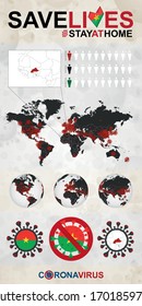 Infographic about Coronavirus in Burkina Faso – Stay at Home, Save Lives. Burkina Faso Flag and Map, World Map with COVID-19 cases. 