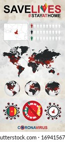 Infographic about Coronavirus in Cameroon – Stay at Home, Save Lives. Cameroon Flag and Map, World Map with COVID-19 cases. 