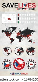 Infographic about Coronavirus in Czech Republic – Stay at Home, Save Lives. Czech Republic Flag and Map, World Map with COVID-19 cases. 