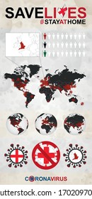 Infographic about Coronavirus in England - Stay at Home, Save Lives. England Flag and Map, World Map with COVID-19 cases.