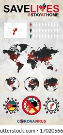 Infographic about Coronavirus in Mozambique – Stay at Home, Save Lives. Mozambique Flag and Map, World Map with COVID-19 cases. 