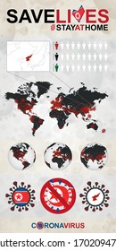 Infographic about Coronavirus in North Korea - Stay at Home, Save Lives. North Korea Flag and Map, World Map with COVID-19 cases.